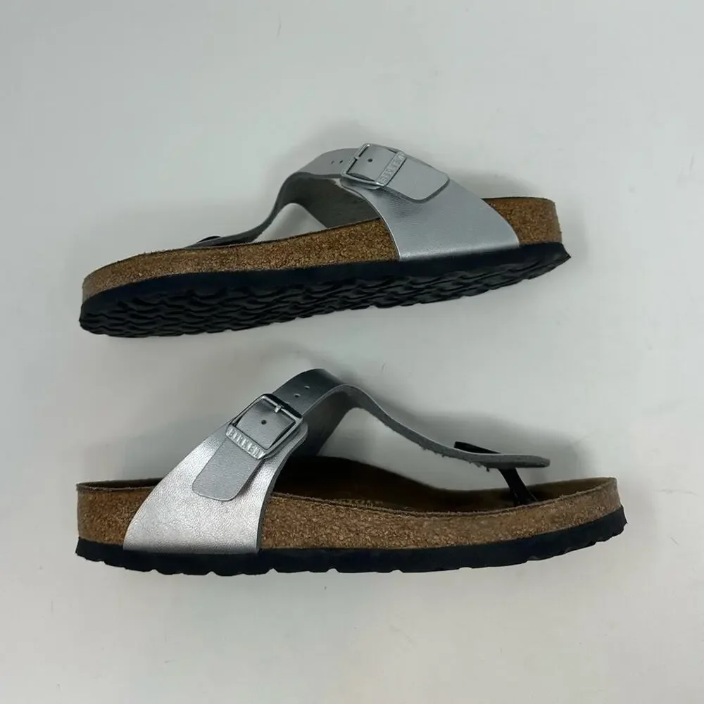 Birkenstock Gizeh Thong Sandals Leather Birko-Flor Silver Women’s 37 6-6.5